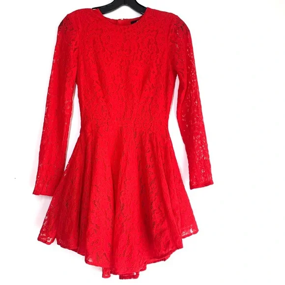 H&M Red Lace Fit & Flare Flounce Crewneck Long Sleeve Mini Dress H&M Red Lace Fit & Flare Flounce Crewneck Long Sleeve Mini Dress